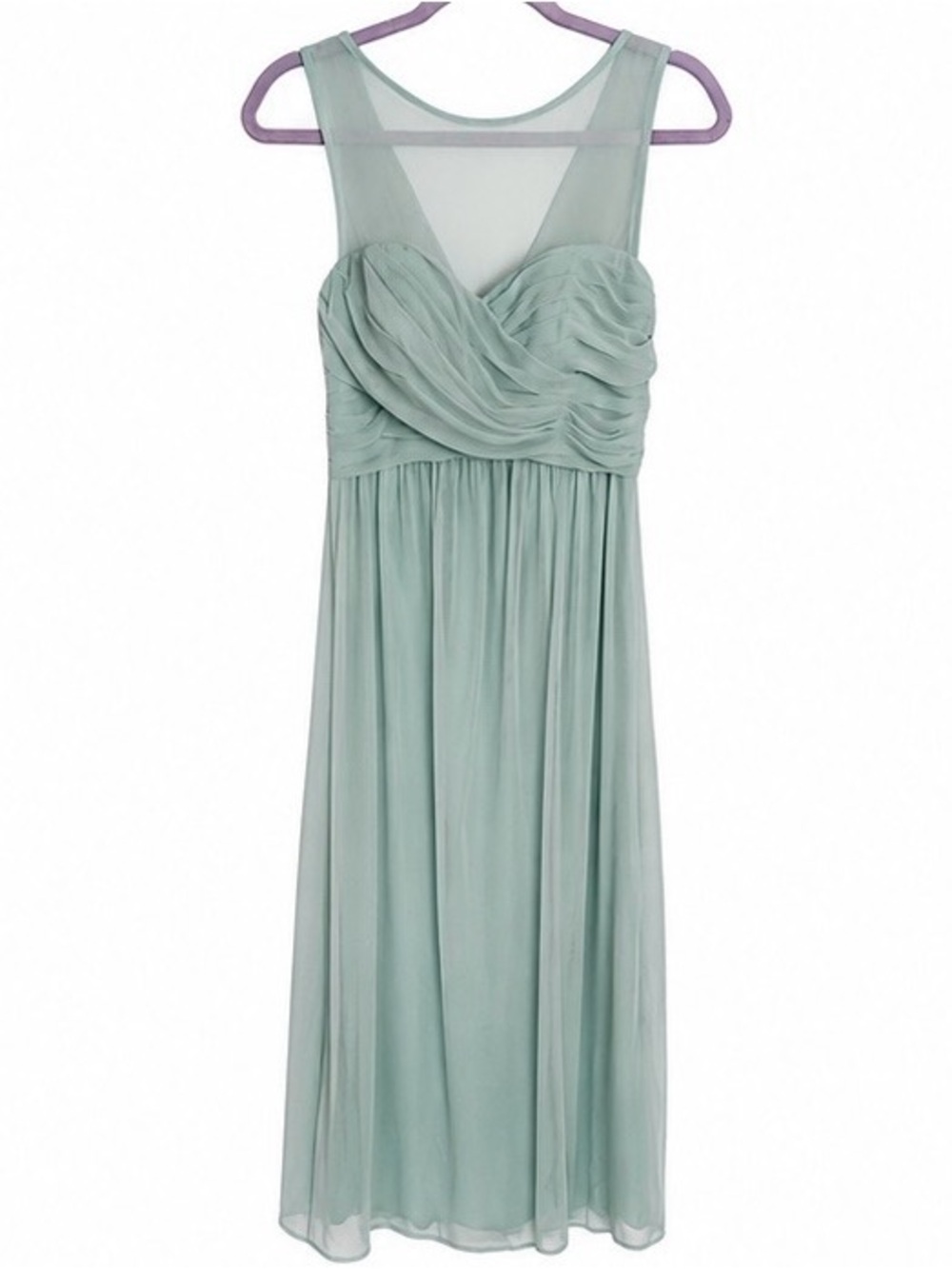 David’s Bridal Mint Chiffon Bridesmaid Dress size 8. Illusion neckline. Hemmed.